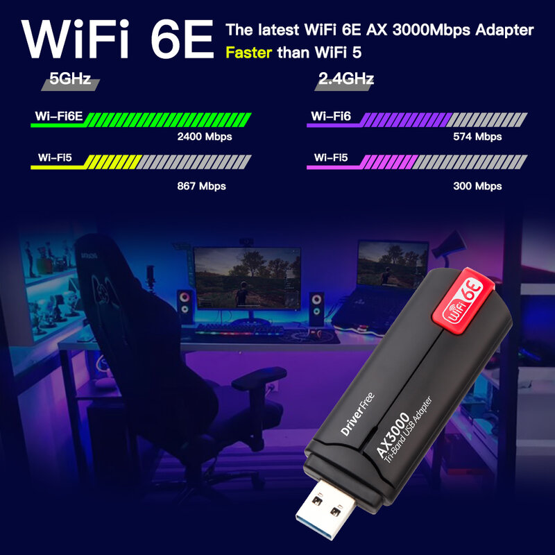 AX3000 USB 3.0 واي فاي محول 3000Mbps واي فاي 6E بطاقة الشبكة ثلاثي الفرقة 2.4G 5G 6G واي فاي استقبال دونغل ل ويندوز 10 11 سائق مجاني