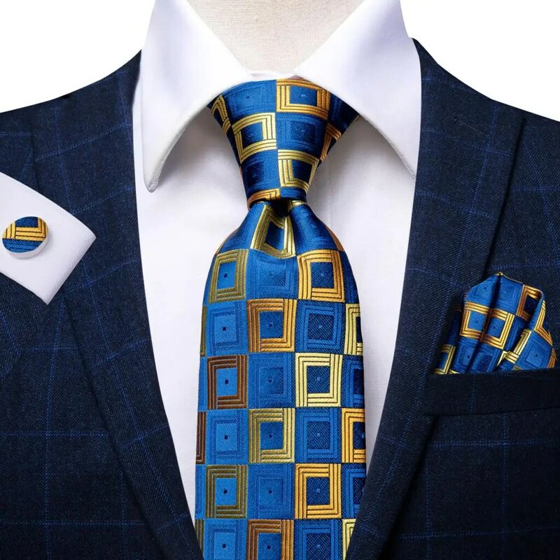 الأزرق الأصفر منقوشة 2023 جديد أنيق الرجال التعادل السادة العلامة التجارية الفاخرة ربطة العنق للرجال الأعمال Handky أزرار أكمام مرحبا التعادل مصمم