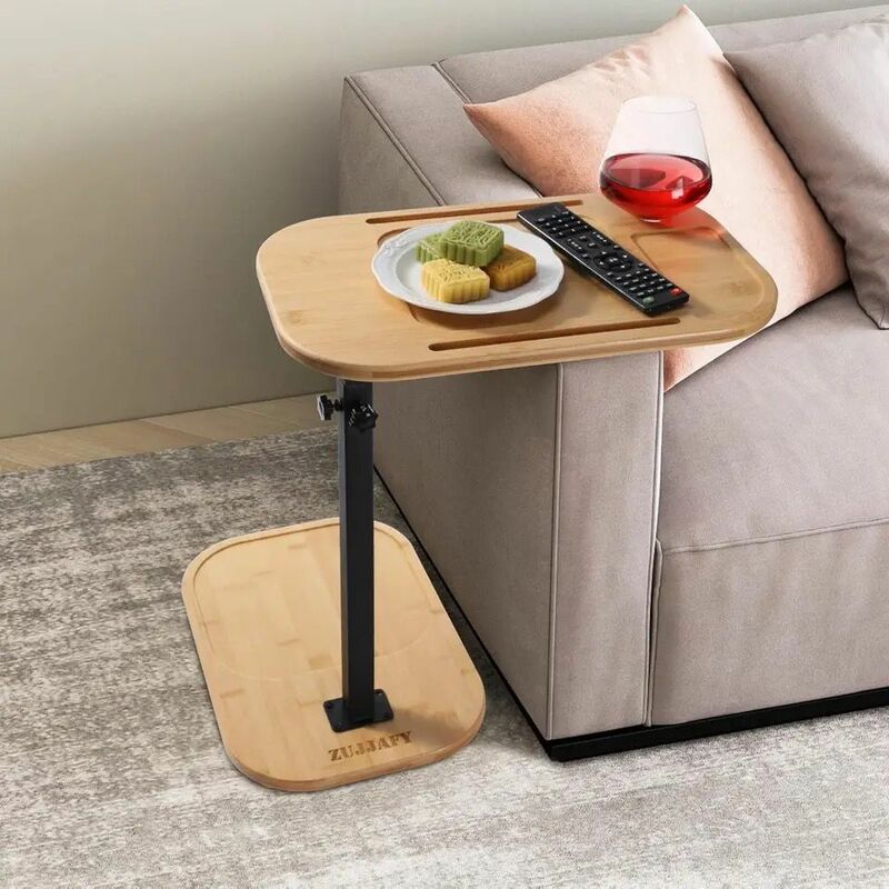 طاولة نهاية على شكل C من الخيزران لذراع الأريكة ، طاولة جانبية أريكة صغيرة ، ارتفاع قابل للتعديل ، مساحات صغيرة ، طاولة صينية تلفزيون دوارة