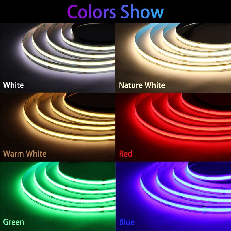 COB LED ضوء الشريط مع إضاءة خطية عالية الكثافة ، شريط مرن ، دافئ ، أبيض طبيعي ، أحمر ، أزرق ، أخضر ، ديكور ، DC12 ، 24 فولت ، 480 ، 528 المصابيح/م