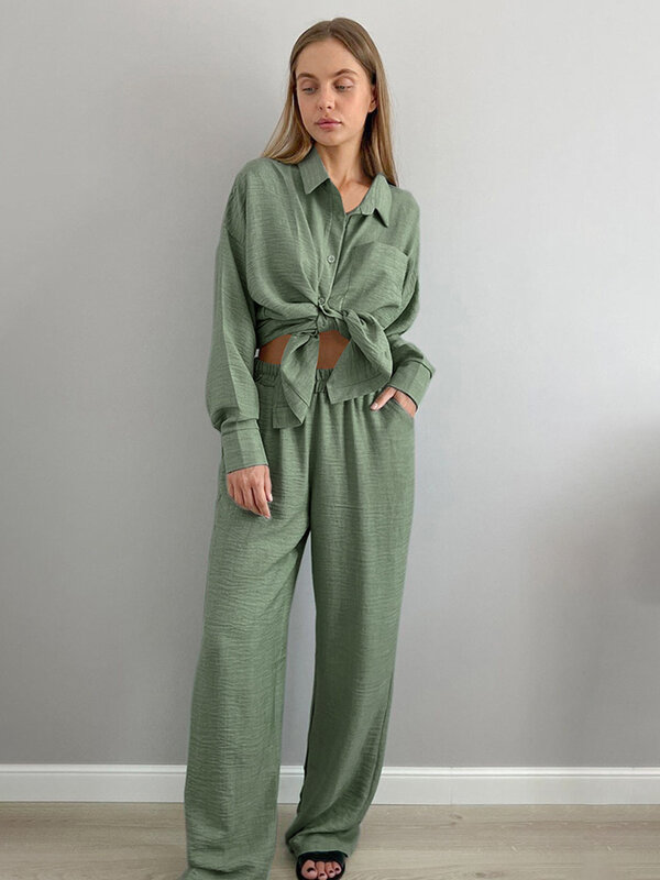 Marthaqiqi-بدلة بيجاما خضراء غير رسمية للنساء ، طقم ملابس نوم أنثوية ، فساتين نوم طويلة الأكمام ، ملابس نوم بياقة مقلوبة ، بنطلون واسع الساق