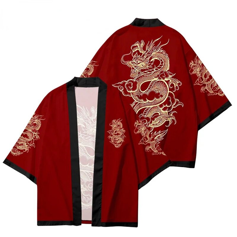 كارديغان مطبوع على شكل تنين ياباني للنساء ، موضة هاوري ، ملابس آسيوية تقليدية ، قمصان حمراء تنكرية ، كيمونو شاطئ يوكاتا ، تصميم جديد