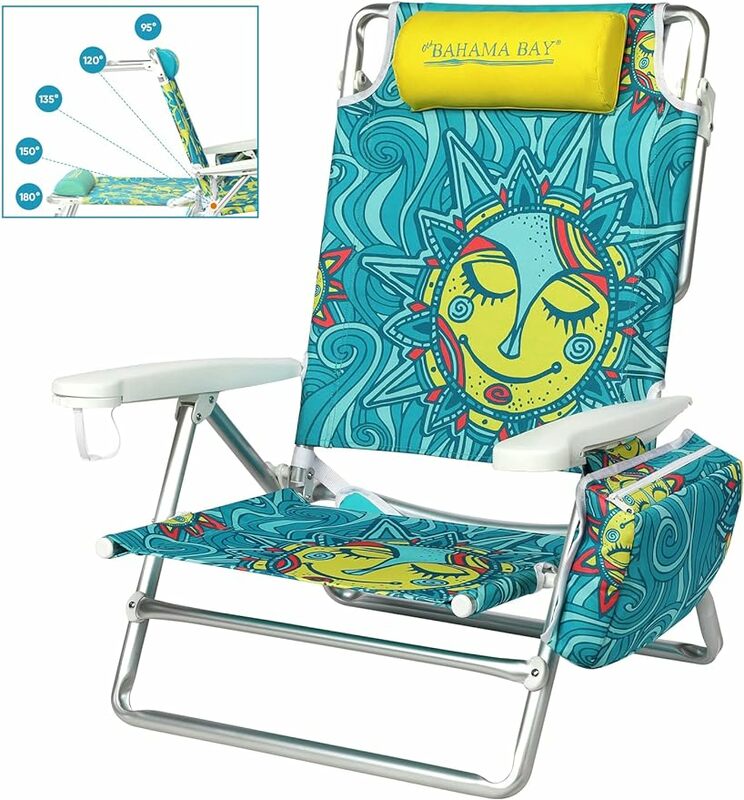 كرسي للشاطئ للبالغين ، خليج باهاما القديم ، كرسي صالة مستلق مسطح ، متينة ، قابلة للطي محمولة ، 5-موقف