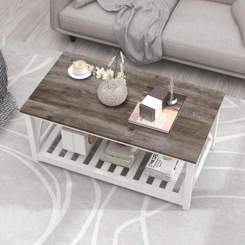 طاولة كوكل مركزية خشبية مع أرفف تخزين الشرائح ، إطار على شكل حرف V ، رمادي بلوط ، أثاث مقهى قهوة ، مستطيل ، من طابقتين