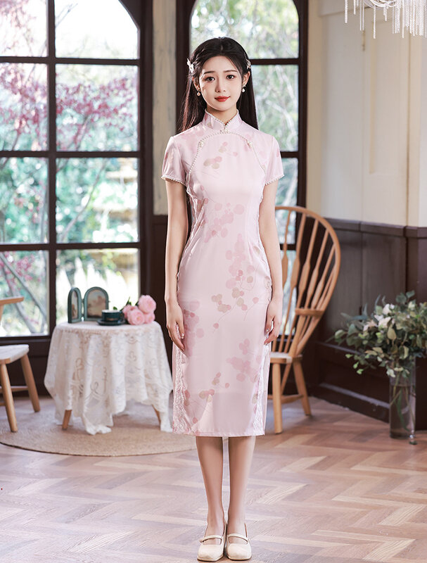 النمط الصيني الوردي طباعة اليوسفي طوق الخرز الدانتيل تشيباو المرأة خمر الكلاسيكية عالية انقسام شيونغسام