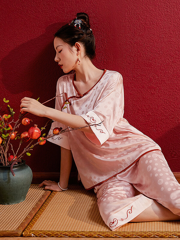Chinese Style Home Wear Autumn and Winter Thin Ice Silk Medium Long Sleeve Ruyi Embroidery Ancient Style Han Pajamas for Women
