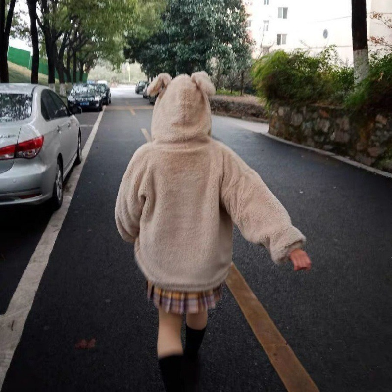 الشتاء سترة المرأة سستة المتضخم لينة Harajuku Kawaii مقنعين آذان أرنب أفخم فو الكشمير معطف زائد المخملية مبطن 2023