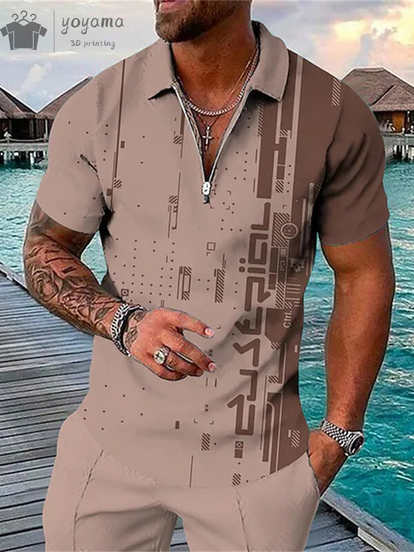 قميص بولو رجالي بسيط بنمط مخطط ، قمصان بأكمام قصيرة وطية صدر ، ملابس جولف خارجية غير رسمية ، موضة الصيف