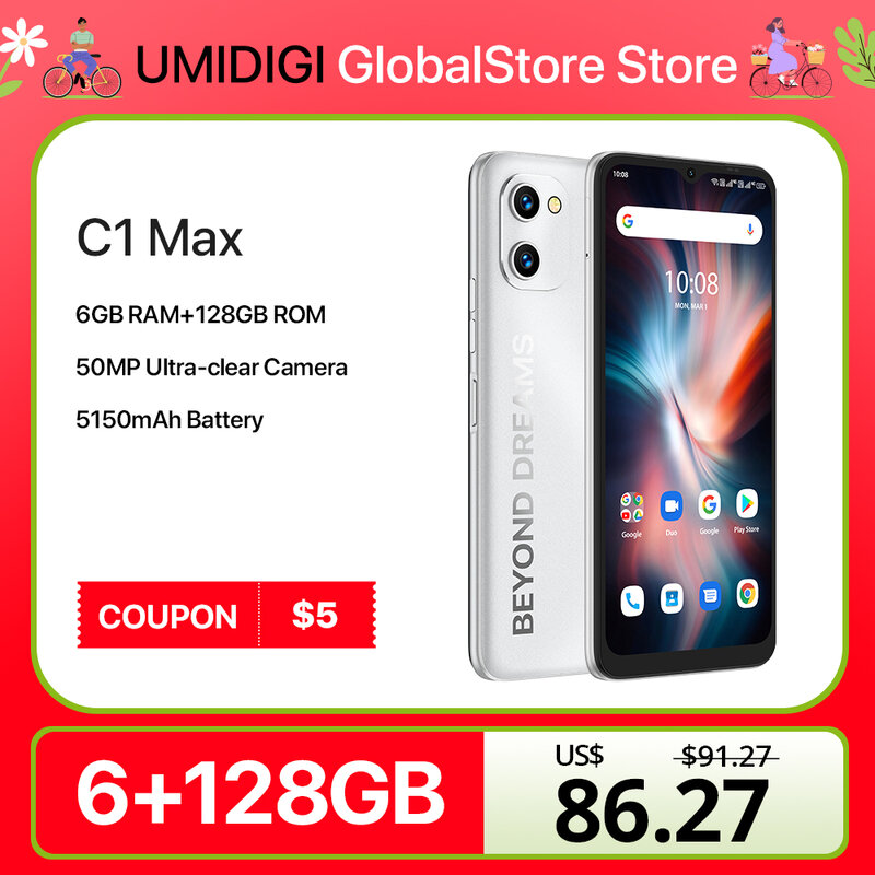 هاتف ذكي UMIDIGI-C1 ماكس ، G1 Max ، Unisoc T610 ، 6GB + 128GB ، كاميرا 50mp ، بطارية 5150mAh ، ثنائي الشريحة ، 4G celulars ، الإصدار العالمي