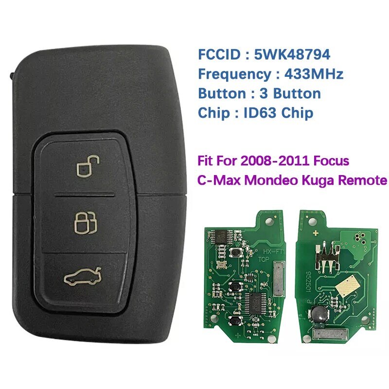 ما بعد البيع 3 زر مفتاح البطاقة الذكية لفورد C-ماكس التركيز مونديو كوغا 2006-2011 ، 5WK48794 ، ID63 رقاقة ، 433Mhz ، 3M5T-15K601-DC ، CN018048