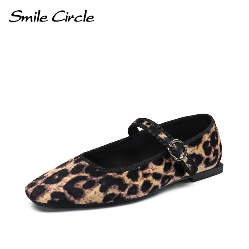 دائرة الابتسامة-المخملية ماري جين الباليه الشقق للنساء ، طباعة الفهد ، مريحة ، لينة ، جولة اصبع القدم ، الأحذية المسطحة
