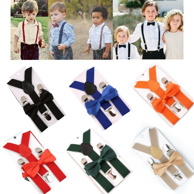 Soild اللون الأطفال حزام ربطة مجموعة طفل بنين بنات الحمالات كليب على Y-الظهر الأقواس ربطة القوس فيونكة مطاطا الاطفال قابل للتعديل