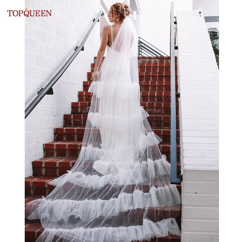 TOPQUEEN-حجاب زفاف تول ناعم ، حافة خام قديمة ، طول كاتدرائية ، طبقة واحدة ، زفاف ، الكثير ، V117A