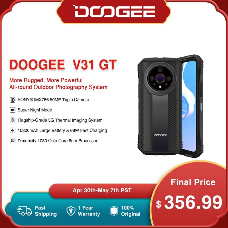هاتف DOOGEE-V31GT الشحن السريع ، أبعاد 6.58 بوصة FHD ، 1080 ثماني النواة ، تصوير حراري 5G ، 10800mAh ، 66W ، عرض عالمي ممتاز