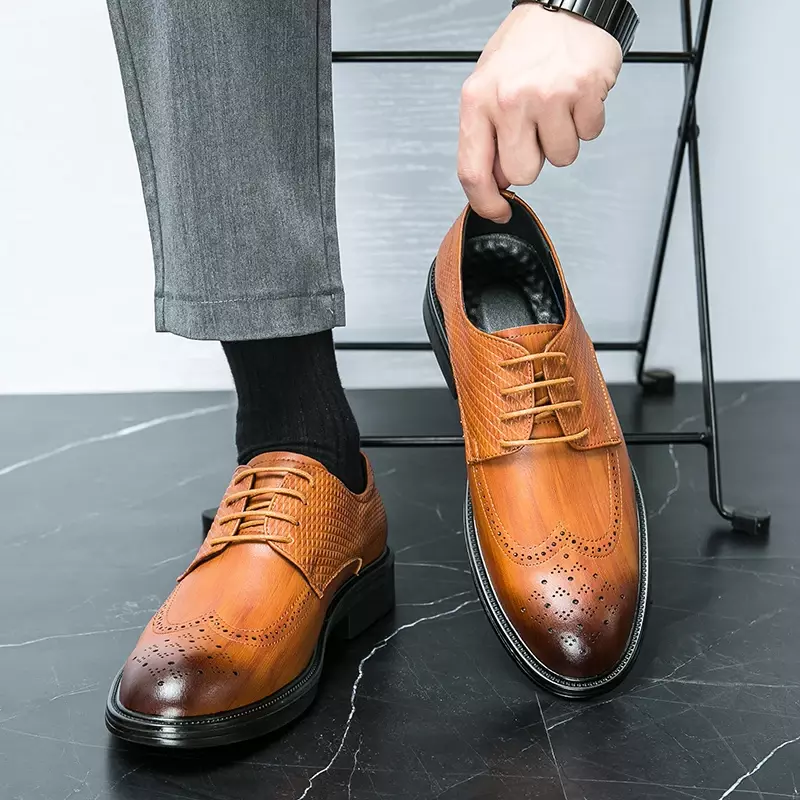 حذاء جلد رجالي بإصبع مستدير على الطراز البريطاني ، عالي الجودة ، منخفض ، فستان أعمال ، جديد ، 2023