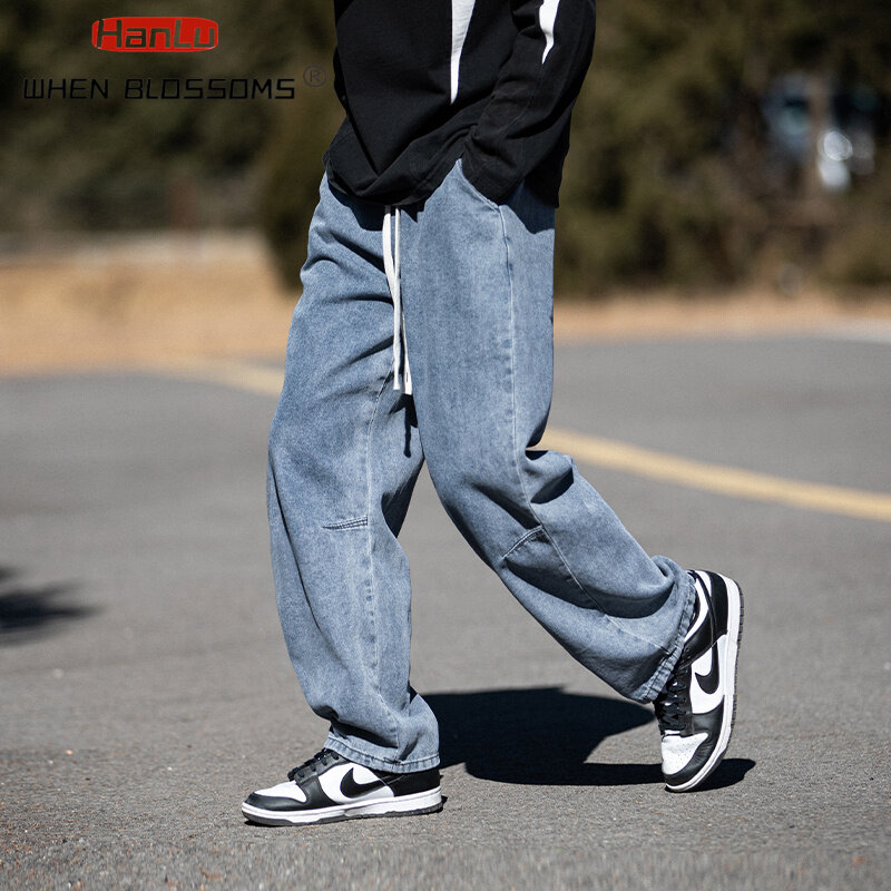 جينز عتيق بساق مستقيمة مطوي للركبة ، سراويل جينز للرجال خفيفة الوزن ، جيدة التهوية ، كاجوال وفضفاضة متعددة الجيوب