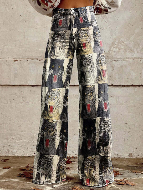 جينز نسائي عالي الخصر بساق واسعة ، طراز كوري ، أنيق ، فضفاض ، كامل ، كاجوال ، صورة مموجة ،