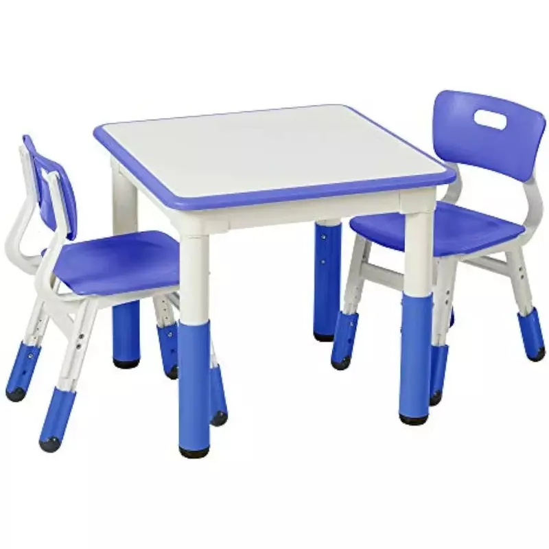 طاولة متحركة للأطفال ، طاولة شبت جافة ، مربعة مع كرسيين ، أثاث قابل للتعديل ، أزرق ، مجموعة من 3 كراسي