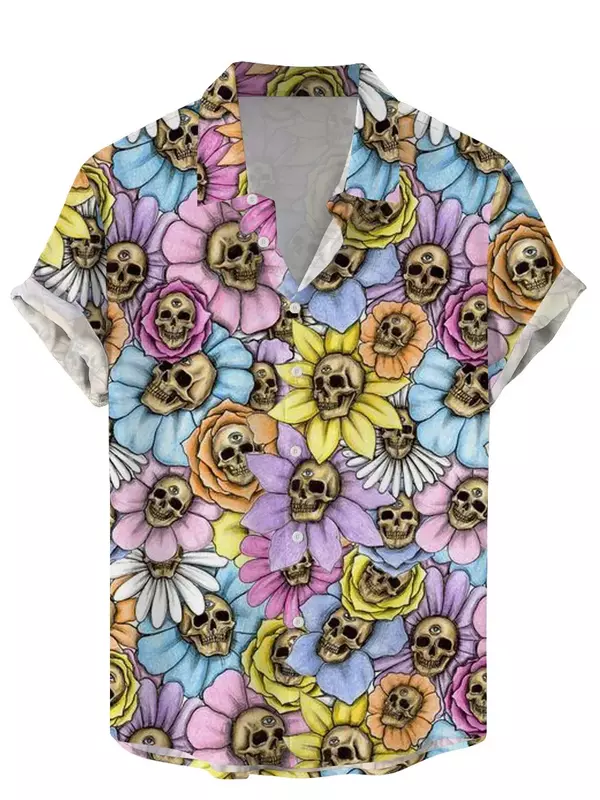 قميص رجالي بزهور جمجمة عتيقة ، طباعة جمجمة مضحكة ثلاثية الأبعاد ، ملابس الشارع ، تي شيرت قصير الأكمام ، قميص هاواي ، قمصان طية صدر