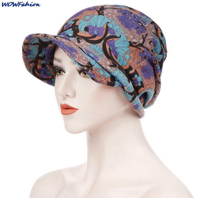 Women Casual Floral Print Cotton Keep Warm Beanies Winter Wide-Brimmed Cap Turban Visor Hat Turbante mujer