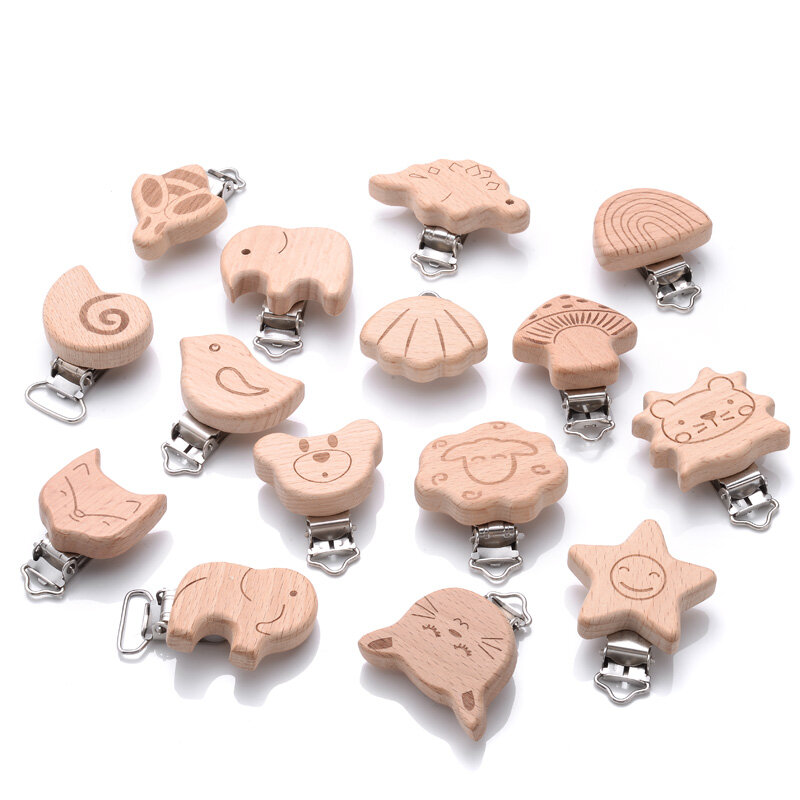 1Pcs Printing Animal Dummy Clip Beech Wood Nipple Clip For Teether Chewing Toys Accessory DIY Anti-Drop Baby Pacifier Chain