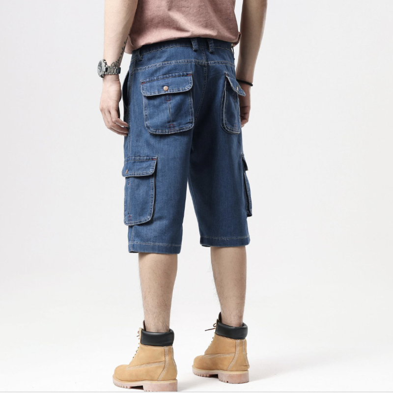 بسيطة موضة عادية فضفاض متعدد جيب الجينز الرجال السراويل حجم كبير السراويل سفاري نمط الصيف السراويل الجينز فضفاض