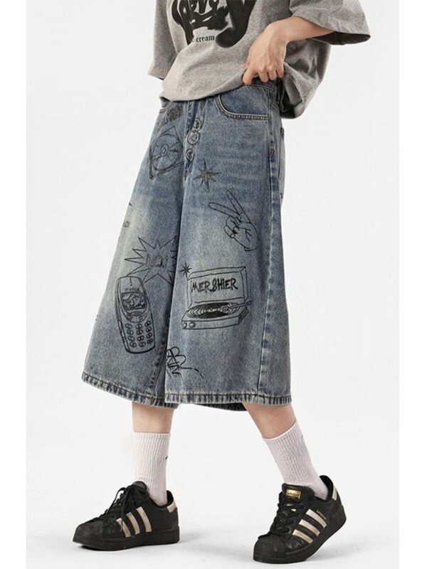 هوتشو-سراويل جينز هاراجو نسائية ، خصر مرتفع ، جينز بطول الركبة ، ساق واسعة ، أزرق ، ملابس شارع جرونج ، مقاس كبير ، Y2k