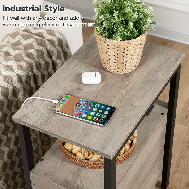 طاولة جانبية ضيقة مع أدراج ومنافذ USB ومنافذ طاقة وطاولة نوم بمساحة صغيرة وغرفة معيشة ومستقرة ورمادية وسوداء