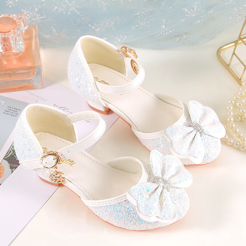 الفتيات الأميرة أحذية الأطفال لامعة عالية الكعب الأبيض تظهر الأحذية الجلدية جديد الصيف الفتيات بووتي Paillette الأداء الصنادل