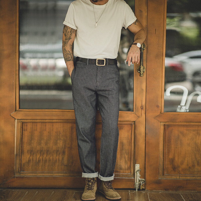جينز دينم عتيق من Maden سروال مستقيم مغسول متوسط الخصر للرجال 13.5 أوز جينز سيلفاج نيلي ثقيل الوزن جيوب مزدوجة الطبقة