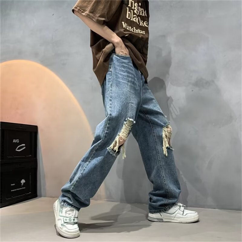 streetwear jean femme baggy wide leg denim Jeans for men Man casual pants Men's jeans ripped hole Male trousers mens pantalon