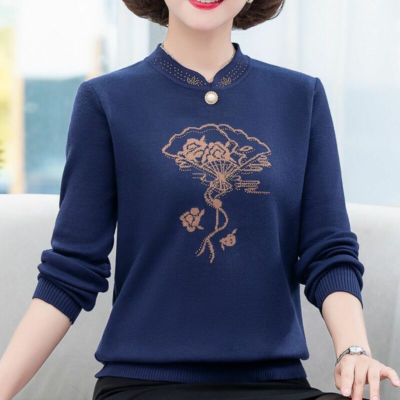 Fan Flower Pattern Printing Round Neck Vintage Knitting Plush Thicken Straight Diamond Inlay Single Pearl Pullovers Ladies Solid