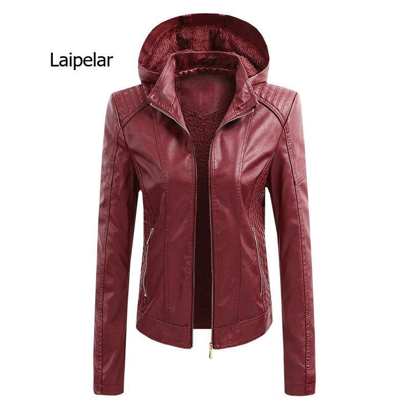 2021 New Faux Pu Leather Jackets Women Hooded Outerwear Pockets Zipper Coat Slim Biker Jacket Blue Red Womens Clothing