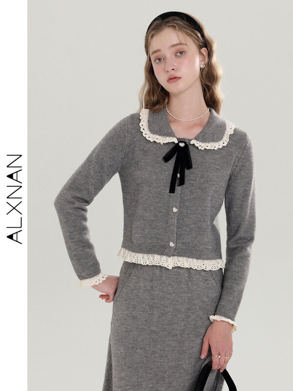 ALXNAN-مجموعات ملابس نسائية محبوكة بطية صدر ، سترة بصف واحد وتنورة محبوكة ، بذلات من قطعتين ، تباع منفصلة ، T00921 ، الخريف