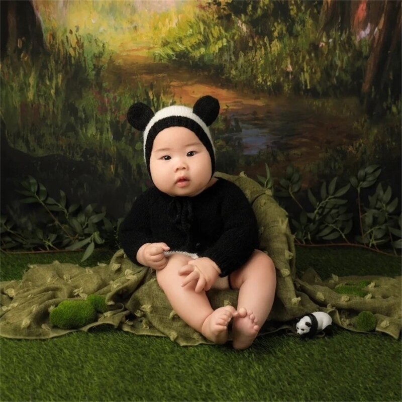 K5DD الطفل التصوير الدعائم زي بذلة الباندا الأذن قبعة الرضع دش الدعائم الطرف