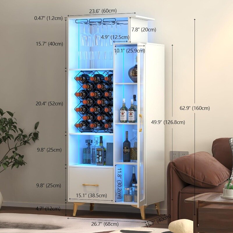 خزانة بار نبيذ LED مع منفذ USB ، خزانة تخزين بوفيه ، خزانة جانبية طويلة