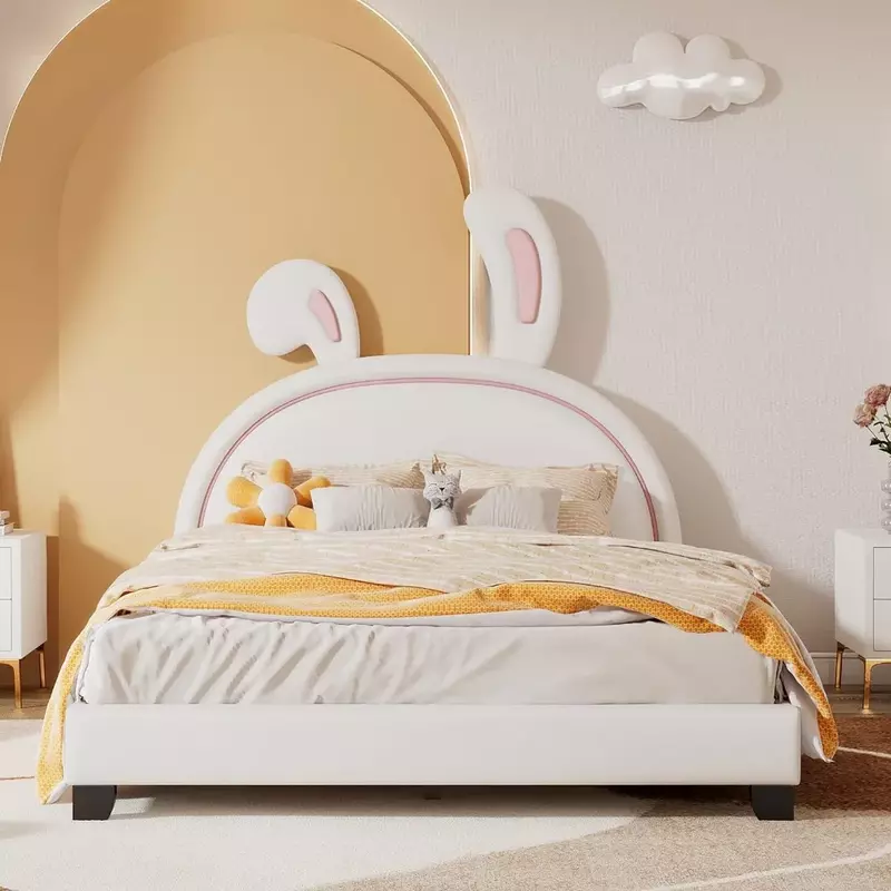 سرير أطفال بالحجم الكامل بإطار على شكل أرنب ، أثاث غرفة نوم أطفال ، سرير أبيض للأطفال