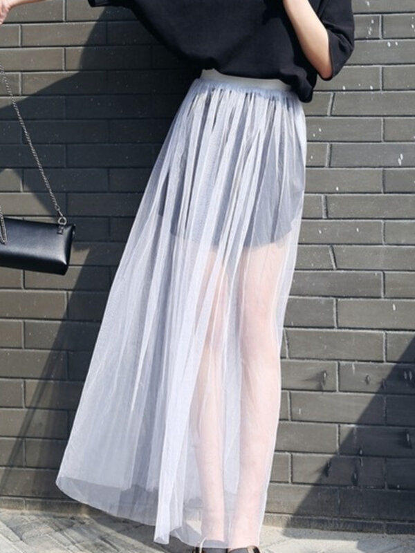 2022 الصيف تنورة دانتيل طويل المرأة أسود أبيض شبكة الفوال التنانير غير رسمية منخفضة الخصر البوهيمي مثير شفاف ماكسي ارتداء