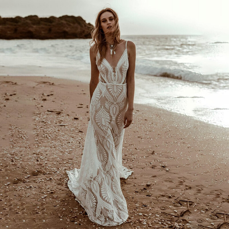Dream-Lace فساتين زفاف على شكل حرف v, حورية البحر على الشاطئ, أشرطة سباغيتي, فساتين زفاف بدون أكمام, بدون ظهر, مثير, 2023