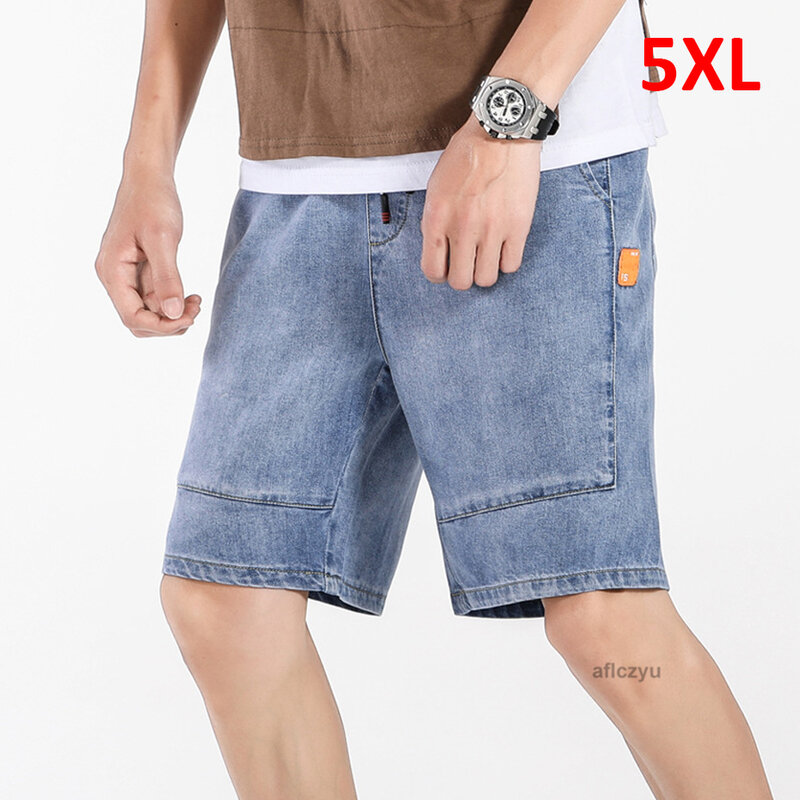 سراويل جينز زرقاء أحادية اللون للرجال ، سراويل قصيرة كاجوال للذكور ، جينز أنيق ، مقاس كبير ، 5XL ، مقاس كبير ، صيف