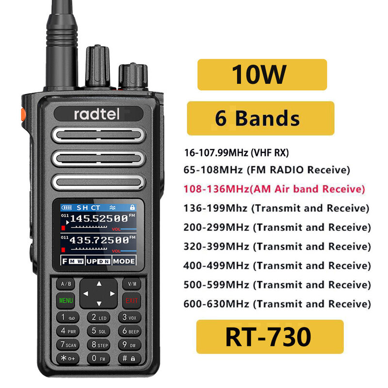 جهاز اتصال لاسلكي من Radtel-Air Band ، 10 واط ، لحم هاوي كامل الفرقة ، 199CH HT ، بطارية ، NOAA ، FM ، AM ، UHF ، VHF ، Satcom
