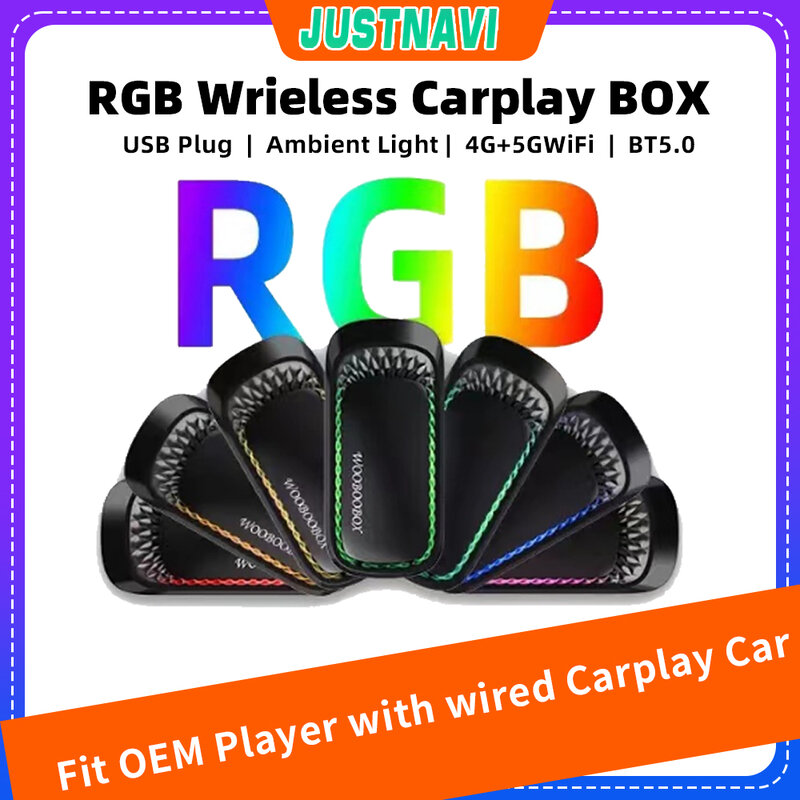 JUSTNAVI RGB محول كاربلاي لاسلكي ، صندوق الذكاء الاصطناعي الذكي ، Carplay السلكية OEM ، USB دونغل ، لعب سيارة صغيرة ، ملونة