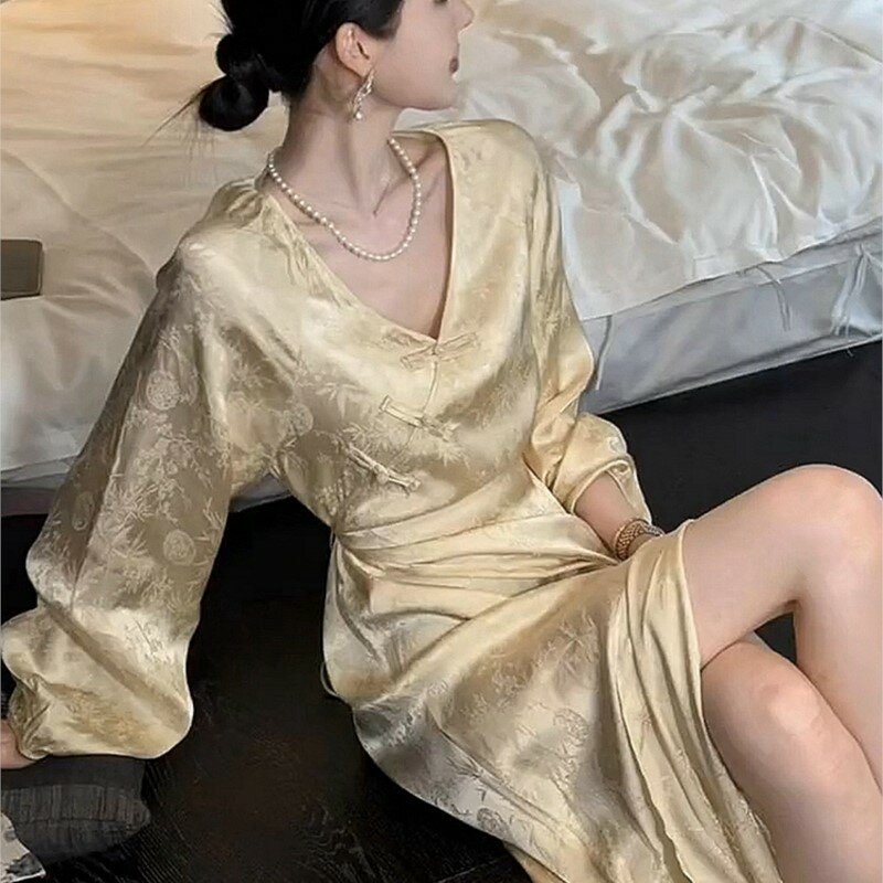 فستان ضيق بخصر على الطراز الصيني ، شيونغسام محسن ، أصفر ، مناسبة رسمية ، جديد