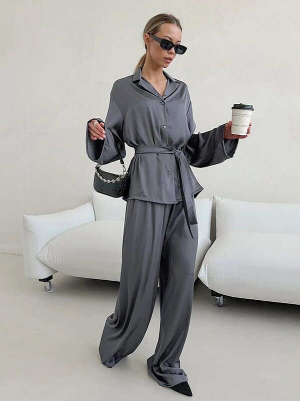 Marthaqiqi-طقم ملابس نوم وسراويل نسائية طويلة الأكمام ، بدلة نوم للسيدات ، ياقة مقلوبة ، فضفاضة ، مثيرة ، موضة