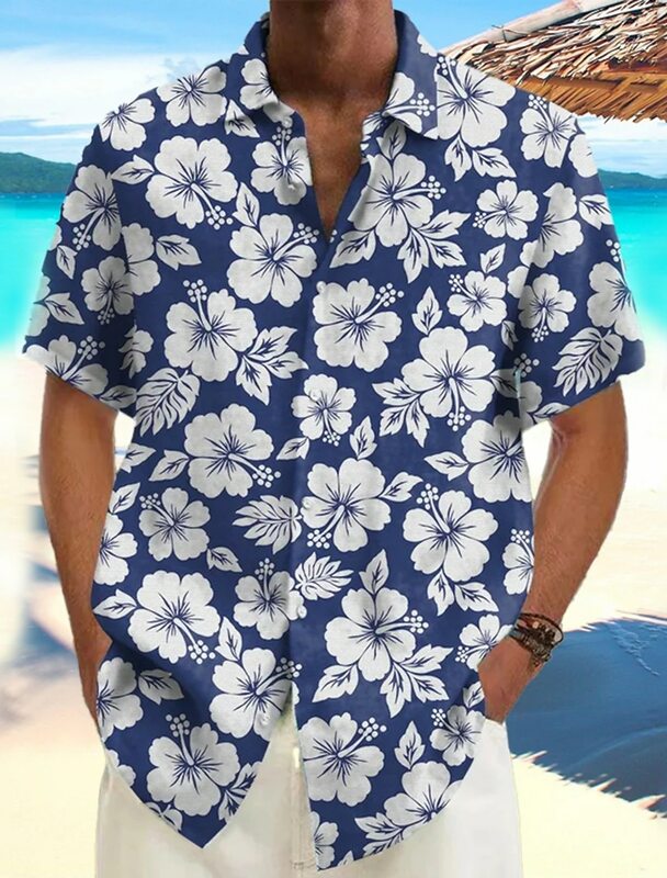 قميص هاواي للرجال ، قميص كاجوال ، قميص شاطئ ، أكمام قصيرة ، زهرة ، نباتات ، طية صدر السترة ، ملابس عطلة هاواي ، ملابس ، الصيف
