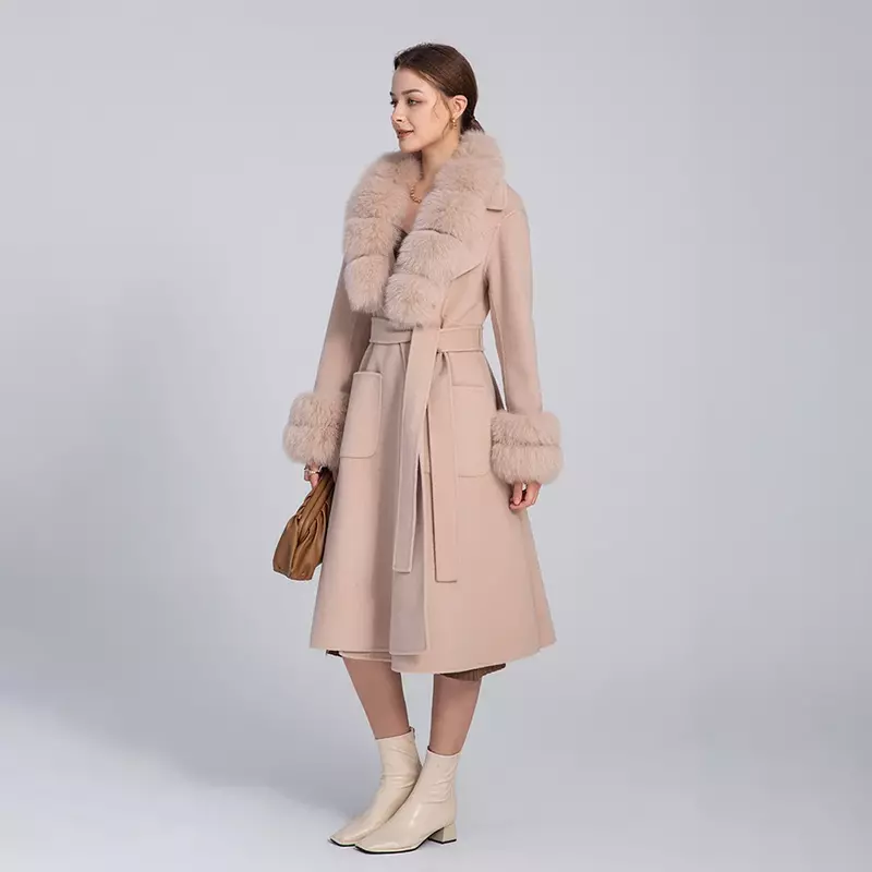 معطف طويل من فرو الثعلب من الصوف للنساء ، سترات قابلة للفصل ، ملابس خارجية منفوشة ، S3565 ، الخريف والشتاء ، عرض فاخر