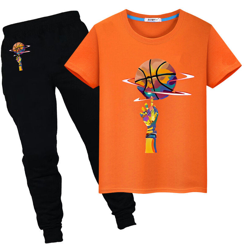تي شيرت قطني مطبوع لكرة السلة للفتيان والفتيات ، أطقم رياضية قصيرة كاواي ، توبات وبانت Y2K ، هدية عيد الطفل ، ملابس صيفية ، قطن