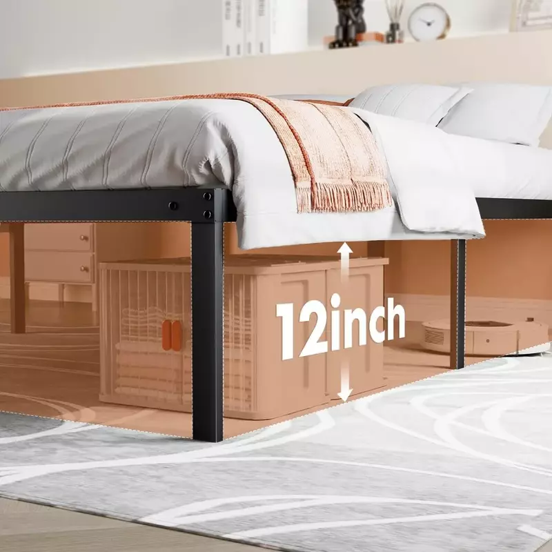 إطار سرير بمنصة معدنية مع مساحة تخزين ، واجب ثقيل ، إطار سرير بحجم كوين ، 14 بوصة