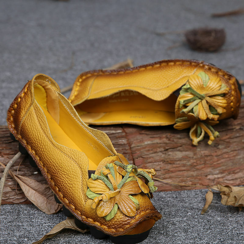 مسطح من الجلد الطبيعي للنساء ، خف ناعم ، حذاء بدون كعب للأم الأزهار ، أسود وأحمر ، حذاء مصمم ، الصيف ،