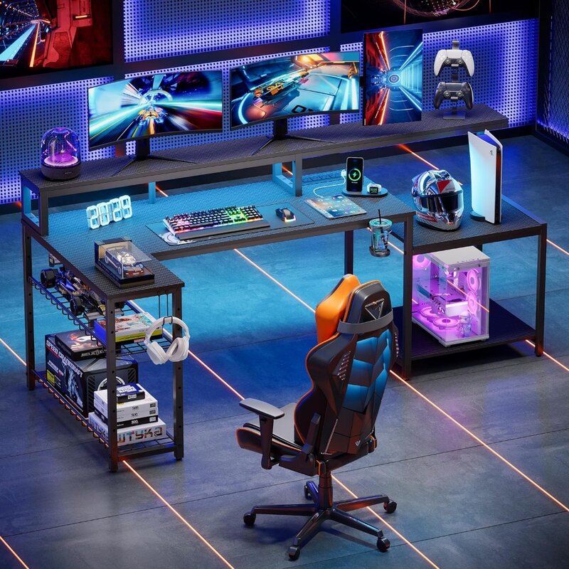 مكتب ألعاب زاوية كبير على شكل حرف L ، Bestier مع منافذ طاقة ، مكتب كمبيوتر LED ، حامل شاشة طويل